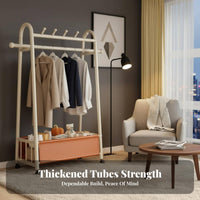 On casters Rolling Clothes Rack with Shelf Mobile Wheeled Clothes with Shelf Freestanding Garment Stand Simple Design for Students, Renters, Homeowners, Bedroom, Balcony, Laundry Room, Entryway