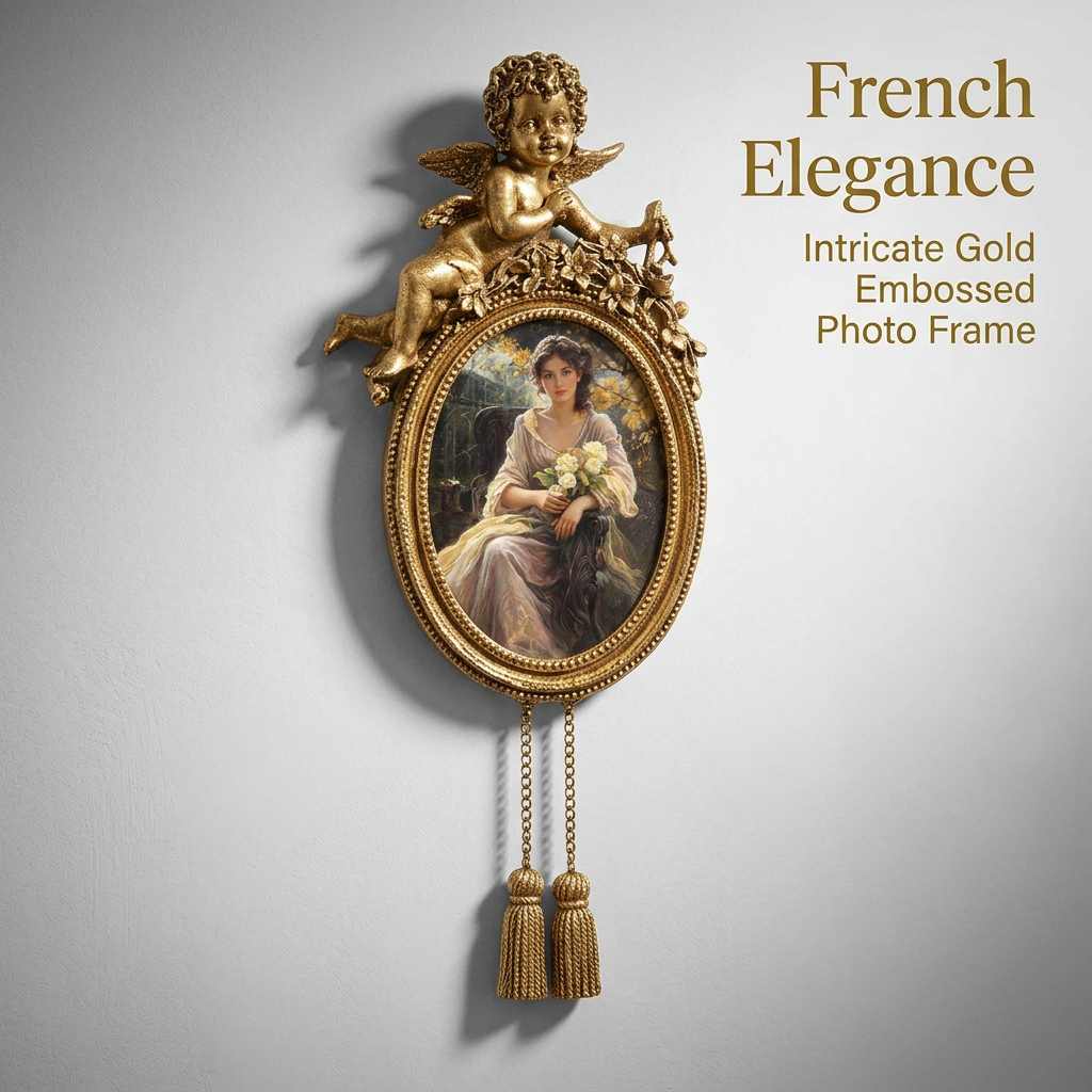 Ornate French Cherub Photo Frame, Handcrafted Resin Angel Photo Frame, Gold Tone Oval Photo Frame, Embossed Floral Resin Photo Frame