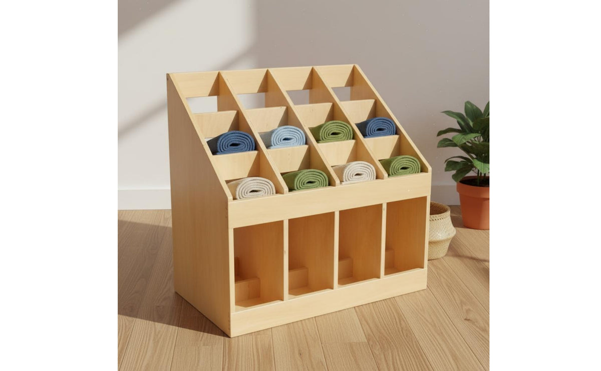 Slanted Slots 12 Compartment Rack Child-Centered Carpet Storage Rack Wooden Open Frame for Kindergarten