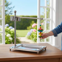 Bird Perch Rack with Food Cups Stainless Steel Floor Standing Bird Stand with Tray Parrot Perch with Cups Freestanding