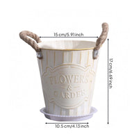 Embossed Plaque Iron Flower Pot Rope Handles Ribbed Planter Drainage Hole Container Planter Round for Home, Office
