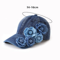 Flower Decoration Washed Jean Baseball Cap Vintage Design Floral Jean Cap Elegant Look Headwear for Outdoor, Beach