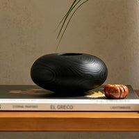Vase with Woodgrain Texture Textured Oval Vase Low-Profile Vessel for Shelf Styling, Tabletop Display