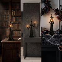 Gothic Tabletop Witch Statue Spooky Standing Witch Figure Dark Fantasy Statue with Tree Root Robe Mystical for Mantels