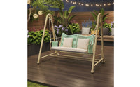 Cushioned Double Swing Chair with Canopy Freestanding Rattan Hanging Chair with Stand Weather-Resistant Furniture Long-Lasting for Couples, Balcony