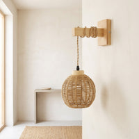 Woven Rattan Wall Sconce with Wooden Arm Boho Wall Lamp with Wooden Arm Rustic Farmhouse for Bedside, Bedroom, Reading Nook