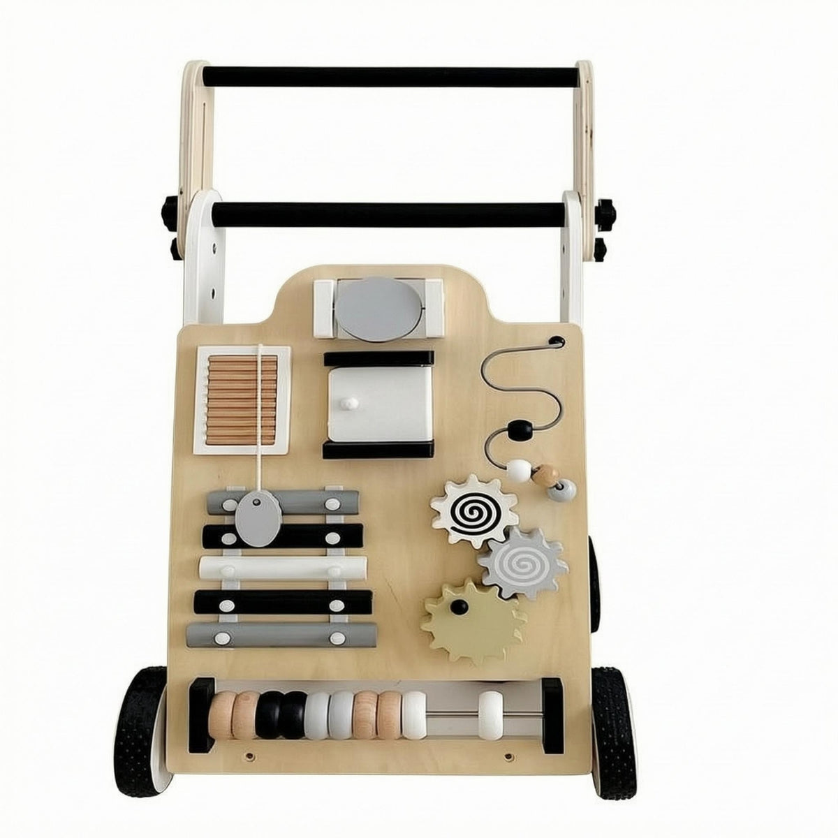 Multi-Function Wooden Baby Push Stroller Educational Activity Stroller Toy Interactive Toddler Learning Vehicle Develops Movement Skills for Toddlers, Babies, Walking Practice