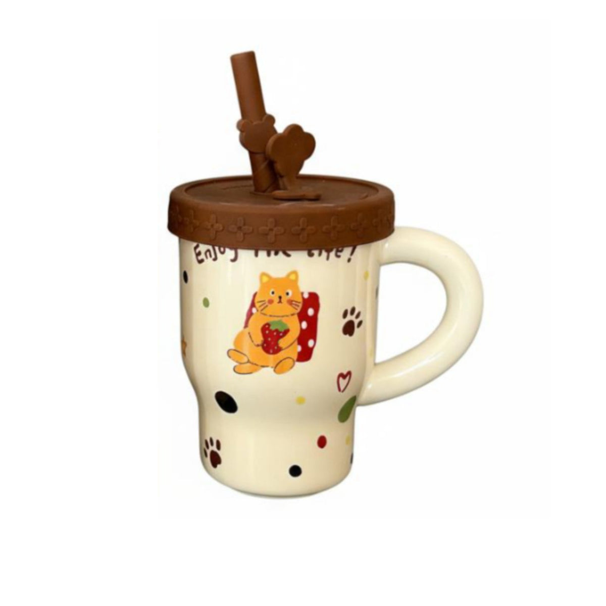 Spill-Resistant Lid Cute Pet Print Cup Large Easy-Grip Handle Cartoon Creature Straw Cup Microwave Safe for Teenagers, Daily Use, Home