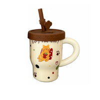 Spill-Resistant Lid Cute Pet Print Cup Large Easy-Grip Handle Cartoon Creature Straw Cup Microwave Safe for Teenagers, Daily Use, Home