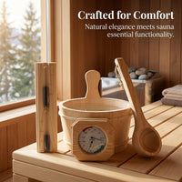Sauna Accessories 4 Piece Set with Bucket and Ladle for Home Use, Fragrant Wood Timer and Thermometer Hygrometer, 4 Liter Capacity
