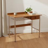 Wood Writing Desk with Metal Legs Stainless Steel Frame Retro Style Writing Desk Rustic Simplicity Aesthetic Home Furniture for Students, Bedroom