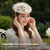 Rococo design Lace headpiece with bunny Ears French Inspired Dome Hat Elegant Design Headwear Adjustable Ribbon Tie for Cosplay lovers, History enthusiasts, Themed Parties, formal events, Historical Reenactment, celebration