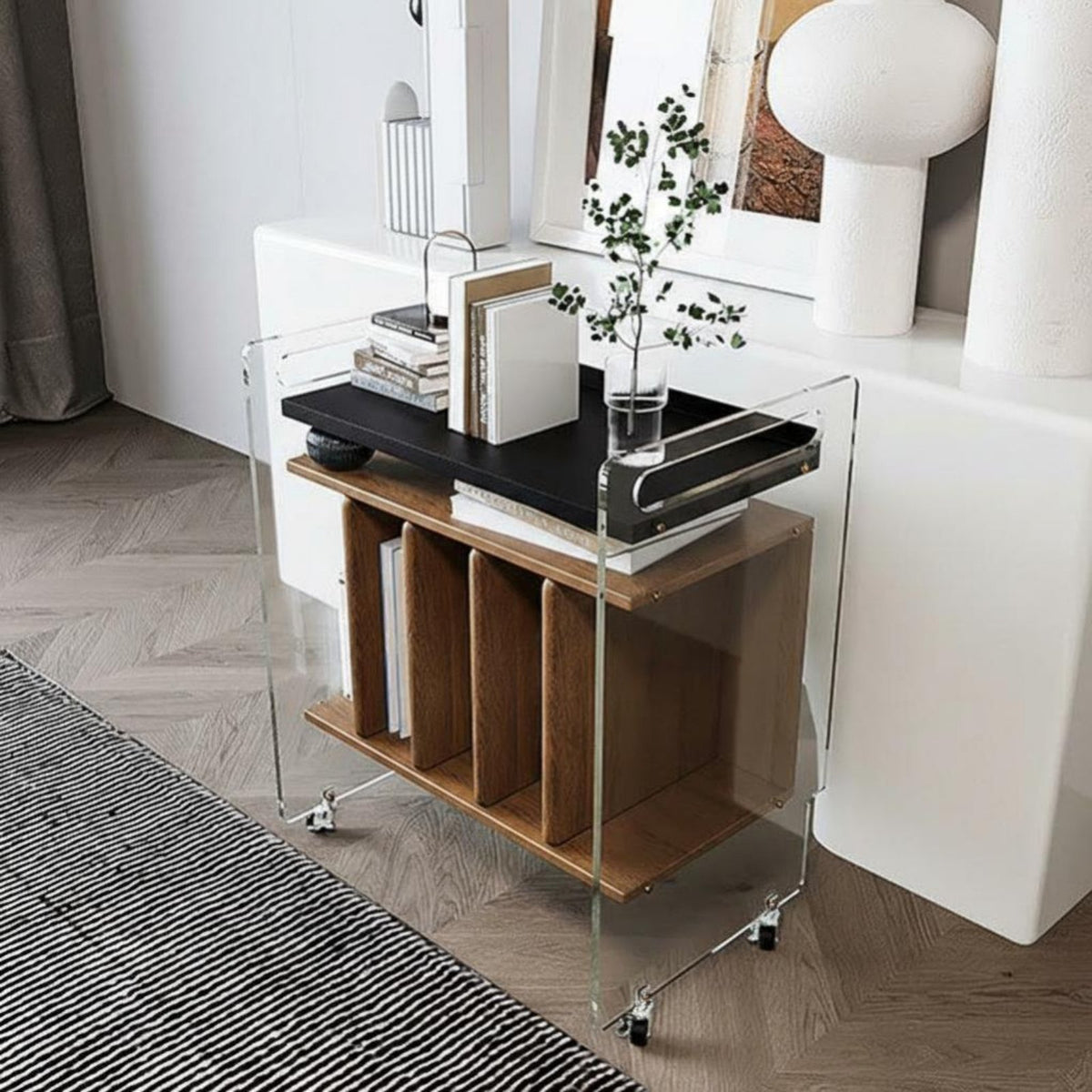 Light Luxury stylish 2-Tier Clear Rolling Stand Transparent Look Mobile Furniture transparent Design Storage trolley Space-Saving for Apartment Dwellers, Office Workers, Living Room, Bedroom, Dining Area, Bathroom