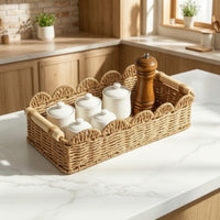 Scalloped Paper Rope Basket Rectangular Storage Basket with Wooden Handles Natural Woven for Countertop, Bathroom, Shelf, Desktop