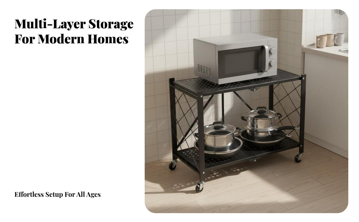 Foldable Storage Rack Space Saving Foldable Storage Shelf Heavy Duty Foldable Microwave Stand for Homeowners, Students