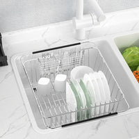 Extendable Dish Rack Kitchen Sink Organizer, Adjustable Stainless Steel Dish Rack with Utensil Holder, Space Saving Modern Minimalist Style Use