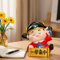 Scholar Child Figurine with Scroll Plaque Compact Traditional Scholar Statue with Headdress Sculpture Colorful for Students