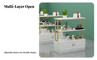 Minimalist Design Double-Sided Display Cabinet Large Storage Capacity Freestanding Island Display Easy to Assemble Multi-Layer Merchandise Rack Heavy-Duty for Salon Owners, Shopkeepers, Homeowners, Maternity and Baby Shop, Boutique, Showroom, Supermarket