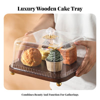 Cake Plate with Cover Wood Base Pastry Display Tray with Cover Rustic Design for Dessert Makers, Party Hosts, Weddings, Afternoon Tea, Parties