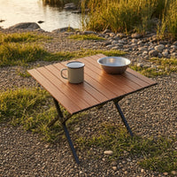 Foldable Roll-up Camping Table Lightweight Wood Grain Folding Table Sturdy Stable for Campers, Vendors, Market Stall