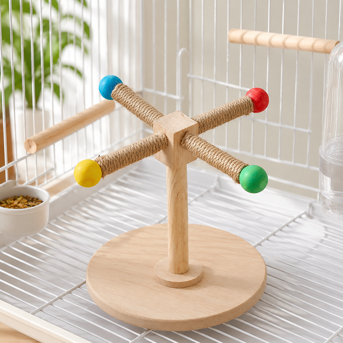 Wood Parrot Stand, Chewable Windmill Perch for Cockatiel Budgie Conure, Rotating Avian Companion Play Stand Playground