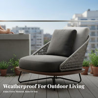 4 Pieces Rattan design 4-Piece Woven Loveseat and Chair collection Weather withstandant 4-Piece Seating Arrangement Includes upholstered pads Outdoor Furniture Modern Design for Families, Homeowners, Adults, Garden, Balcony, rearyard, waterside