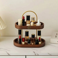 Cosmetic Storage Rack Space Saving Makeup Organizer with Wooden Trays Compact Skincare Holder for Tabletop