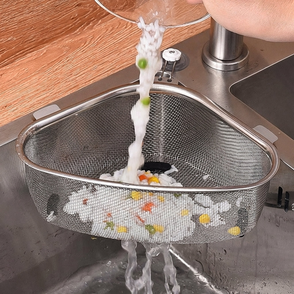 Dish Drainer Sink Tidy Triangle Mesh Basket, Stainless Steel Sink Drainer for Food Waste, Hanging Style Kitchen Storage and Sink Drain Solution