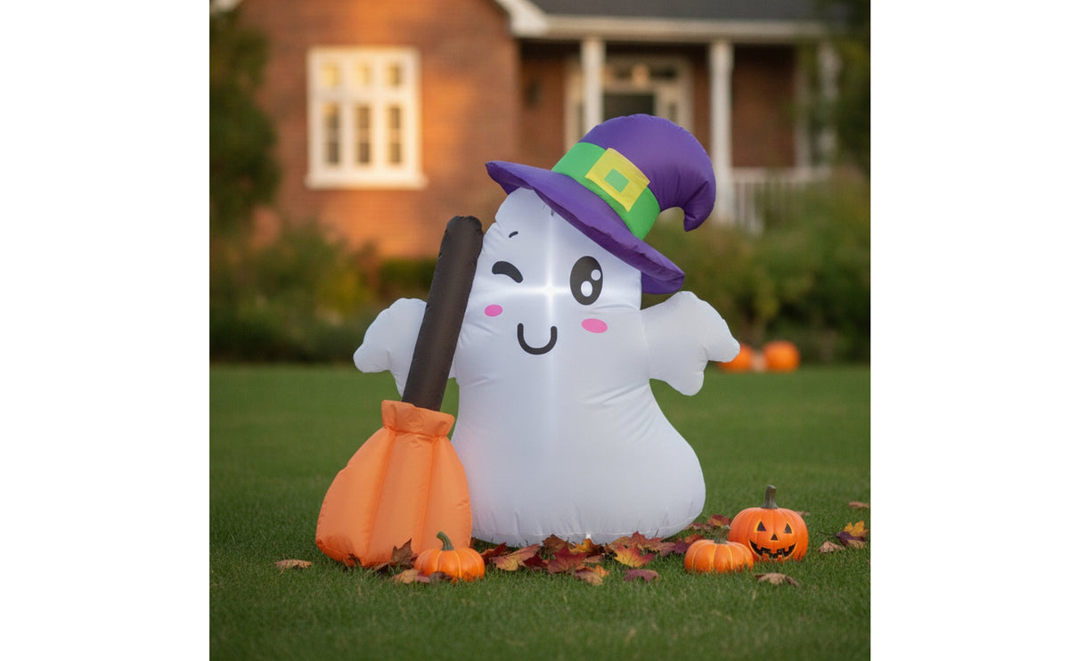 Illuminated Inflatable Ghost Yard Ghost with Witch Hat Cute Outdoor Decoration Built-in LED