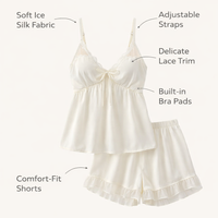 Womens PJs Short Pyjamas Set with Ice Silk Material for Sleeping, Two Piece Camisole and with Built-In Chest Pads, Ladies Nightwear for Home