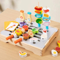 Tabletop Wooden Grill Playset Slatted Pretend Barbecue Grill Skewer Sticks Wooden Barbecue Toy Menu Cards for Children