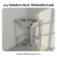 Single Bowl Sink with Stand Reinforced Bracket Freestanding Stainless Steel Sink Rust-Resistant Portable Wash Station for Tenants, Rental Property