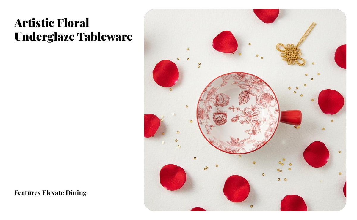 Chinese Red Ceramic Dinnerware, Wedding Bowl Plate Set, Floral Underglaze Tableware