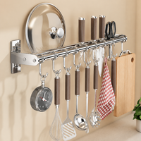 Kitchen Wall Rack, Silver Alloy Double Rod Utensil Rail with Movable Hooks, Wall Mounted Utensil Holder for Pots & Lids