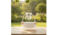 Cream Flower Girl Basket with Ribbon-Wrapped Handle Lightweight Satin Flower Basket with Tulle Skirt Romantic Pre-Decorated for Brides