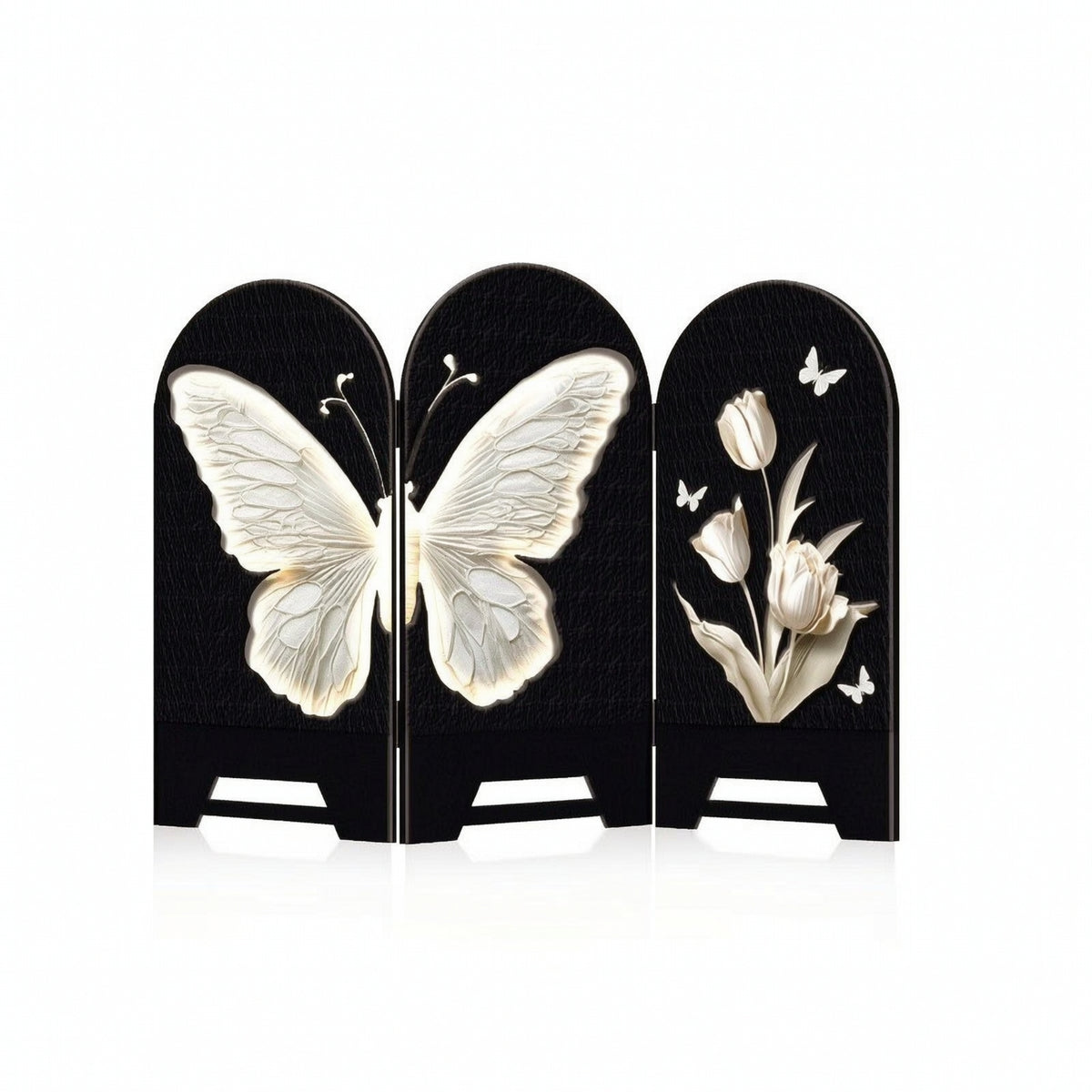Freestanding Tabletop Screen with Arched Tops Textured Decorative Screen with Floral Relief for Console Table