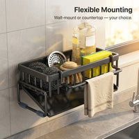 Bathroom Sink Organizer with Sloped Drain Rack for Home Kitchen, No-Drill Under Storage for Sponges & Brushes, Integrated Dishcloth Bar, Tidy Solution
