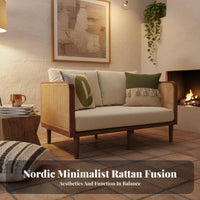 Nordic design Rattan Panel Sofa Wabi-Sabi Aesthetic paded Rattan Sofa Minimalist Design Lounge Seating Includes pads for Guesthouse Owners, Apartment Dwellers, Living Room, Small Spaces, Reception Area, Sunroom