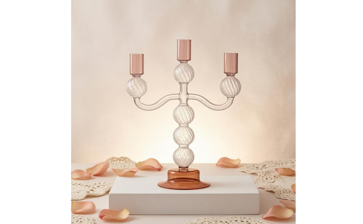 Amber Base Three-Arm Candelabra Pale Pink Metallic-Finish 3 Arm Candle Holder Curved Arms Glass Candelabra