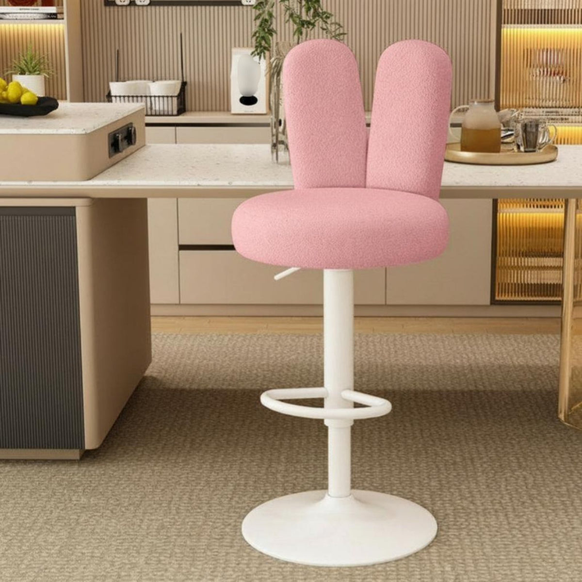 Height Adjustable Upholstered Swivel Stool Gas Lift Mechanism Bunny Ear Backrest Stool Soft Upholstery Seating Furniture Heavy-Duty Frame for Homeowners, Adults, Bar Owners, Reception Desk, Kitchen Island, Cafe, Living Room