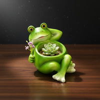Vibrant Green Frog-Shaped Resin Planter Reclining Pose Frog Flower Pot Raised Eyes