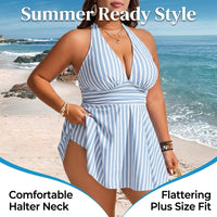 Swimsuit for Plus Size Women, Ruched Halterneck Design with Padded Bust Support, suitable for Water Sports & Seaside Fun