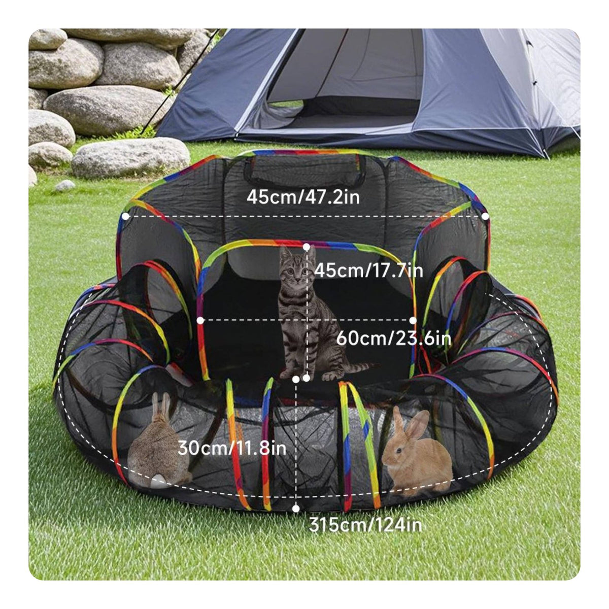 2-in-1 Design Cat Tent and Tunnel Set Lightweight Rainbow Cat Play Tent Long-Lasting Foldable Pet Playhouse Easy to Clean for Kittens, Rabbits, Small Animals, Indoor, Travel, Outdoor, Camping