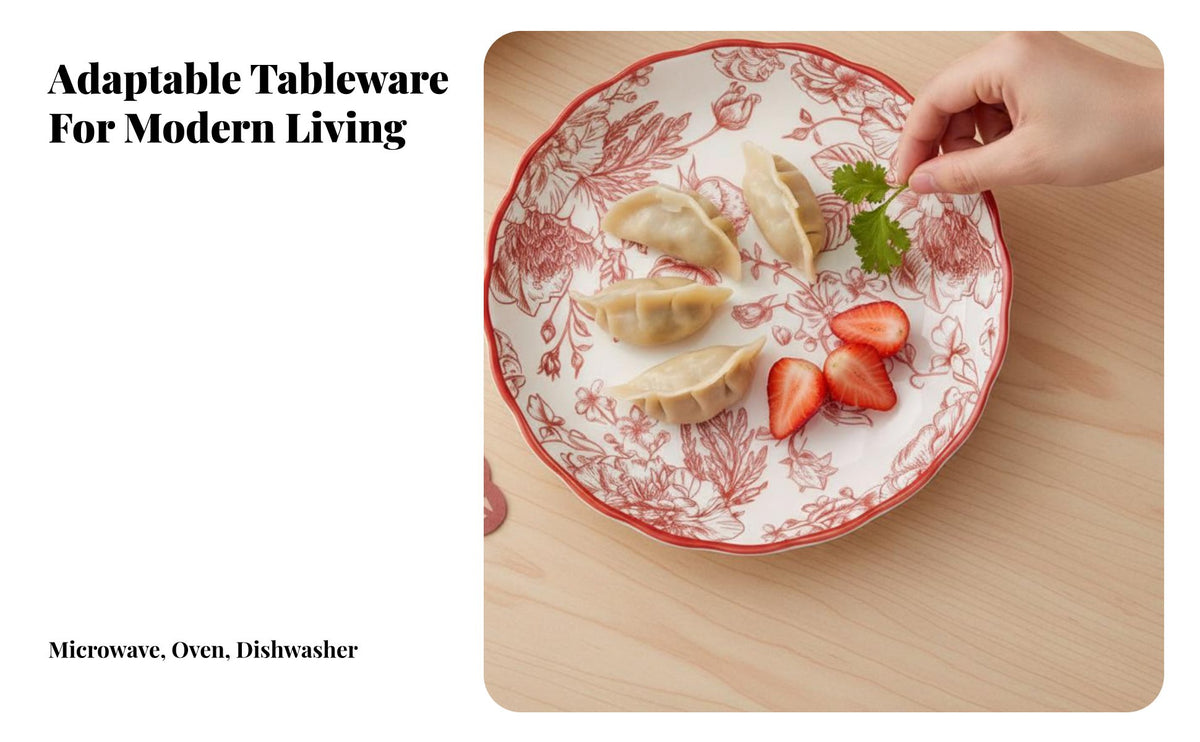 Chinese Style Ceramic Plate, Festive Red, Floral Pattern, Microwave Safe, Round