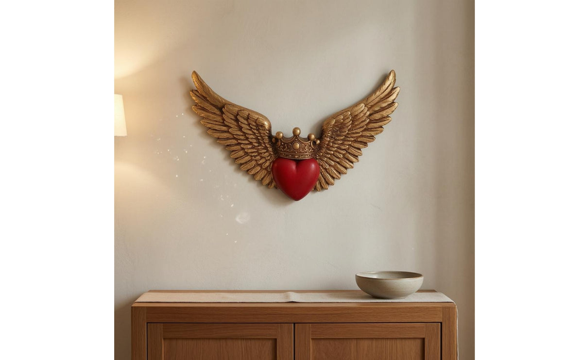 Antique-Style Heart Crown Decoration Gold-Tone Angel Wing Plaque Raised Feather Detail Heart Wing Wall Decor Ornate