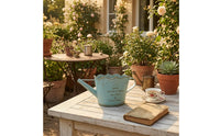 Scalloped Rim Watering Can Planter Side Handle Metal Flower Planter Long Spout Distressed Gold Watering Can Printed Lettering