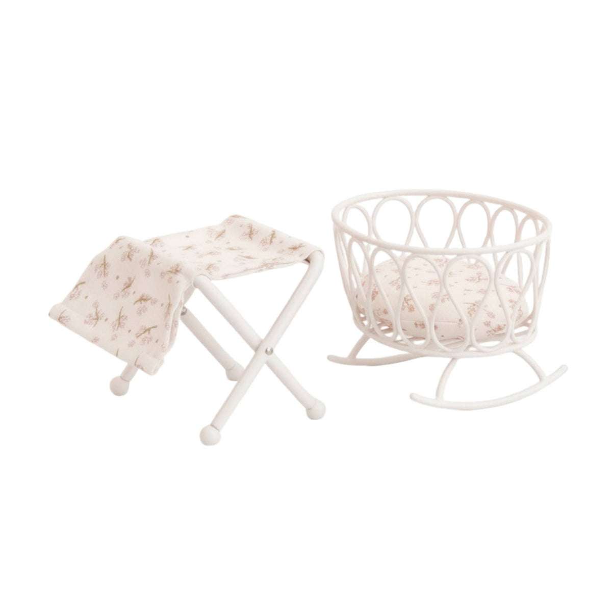 2 Pieces Dollhouse Cradle with Table Iron Miniature Rocking Cradle Lightweight Nursery Furniture for Collectors