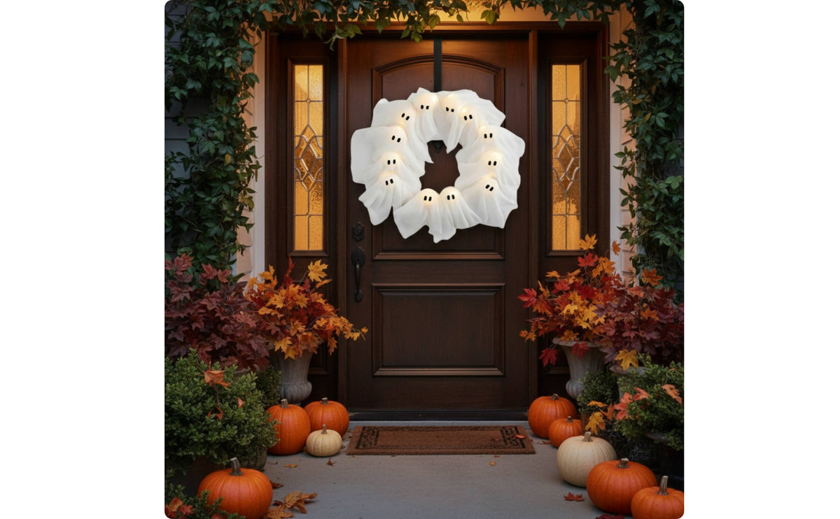 Light-up Ghost Wreath Spooky Halloween Wreath with Lights Pre-Lit Hanging Decoration Indoor Outdoor for Window