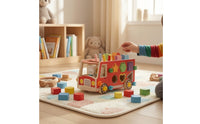 Wooden Bus with Push-Along Bus Shape Sorter Educational Wooden Shape Sorter for Young Children, Kids