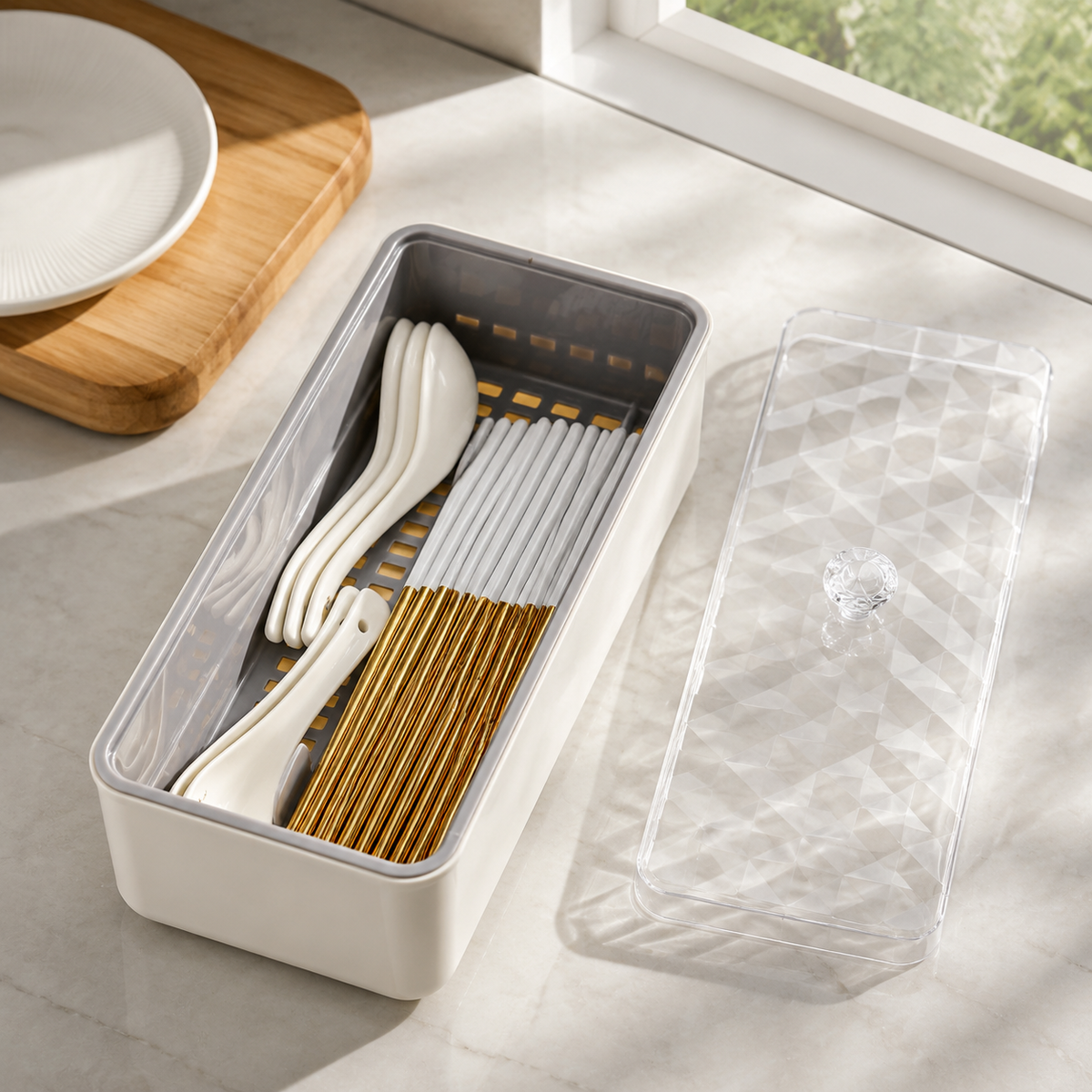 Cutlery Storage Box, Utensil Holder Box with Lid, Modern Minimalist Chopstick Container for Kitchen & Dining, Drainage Feature